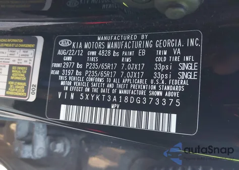 2013 Kia Sorento Lx z USA, uszkodzony, nr VIN 5XYKT3A18DG373375